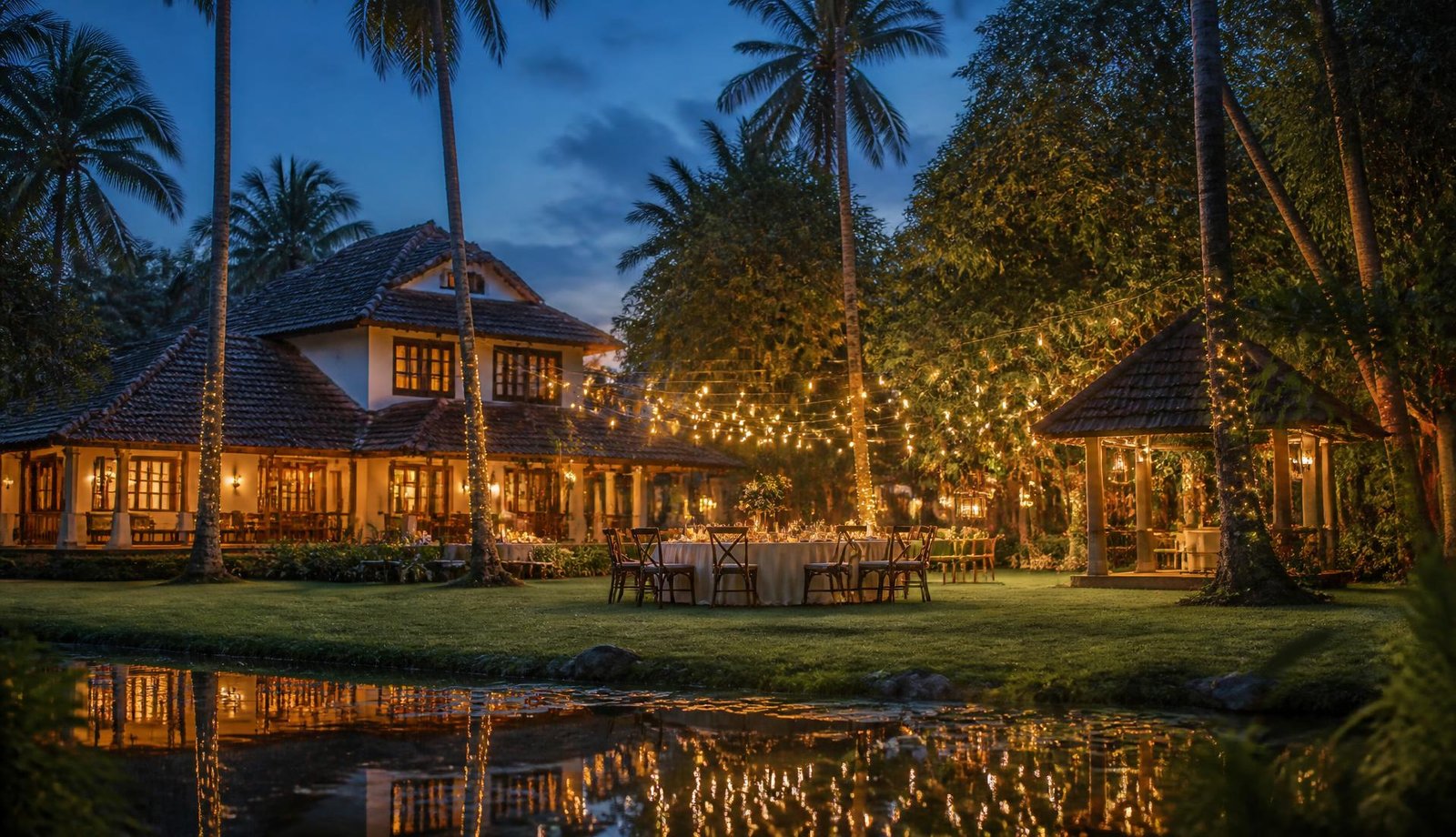 Resort lawn prepared for an evening celebration