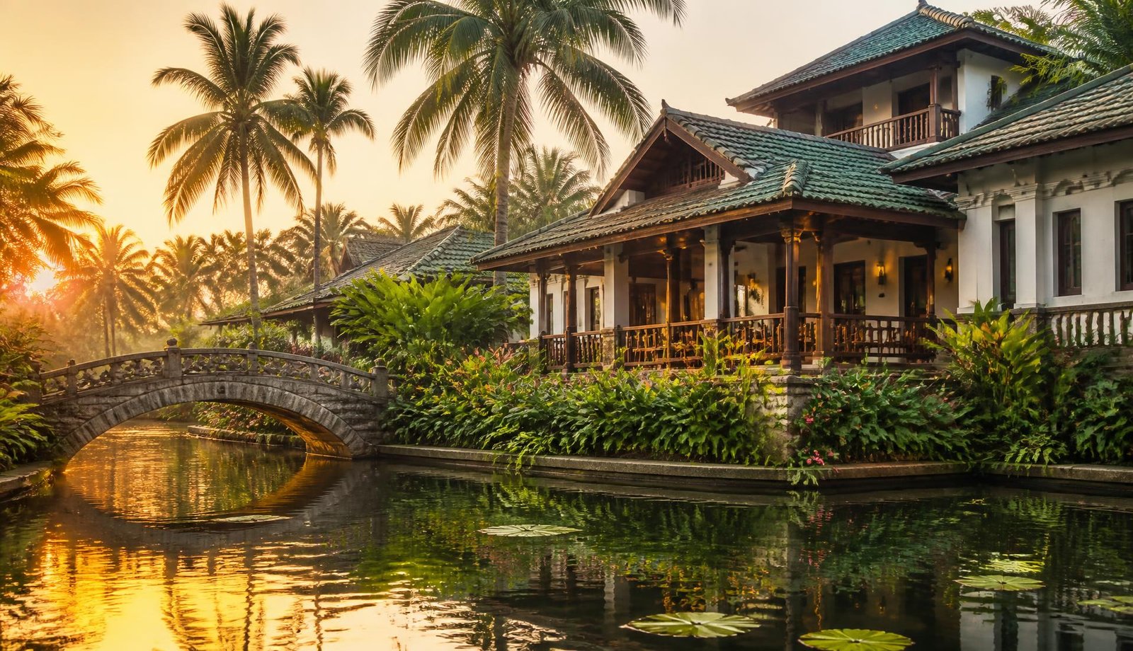 Kerala heritage resort beside a tropical pond