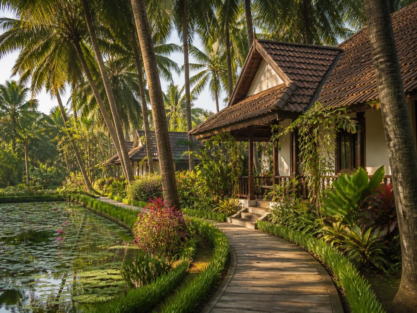 Tropical resort garden path beside a lotus pond